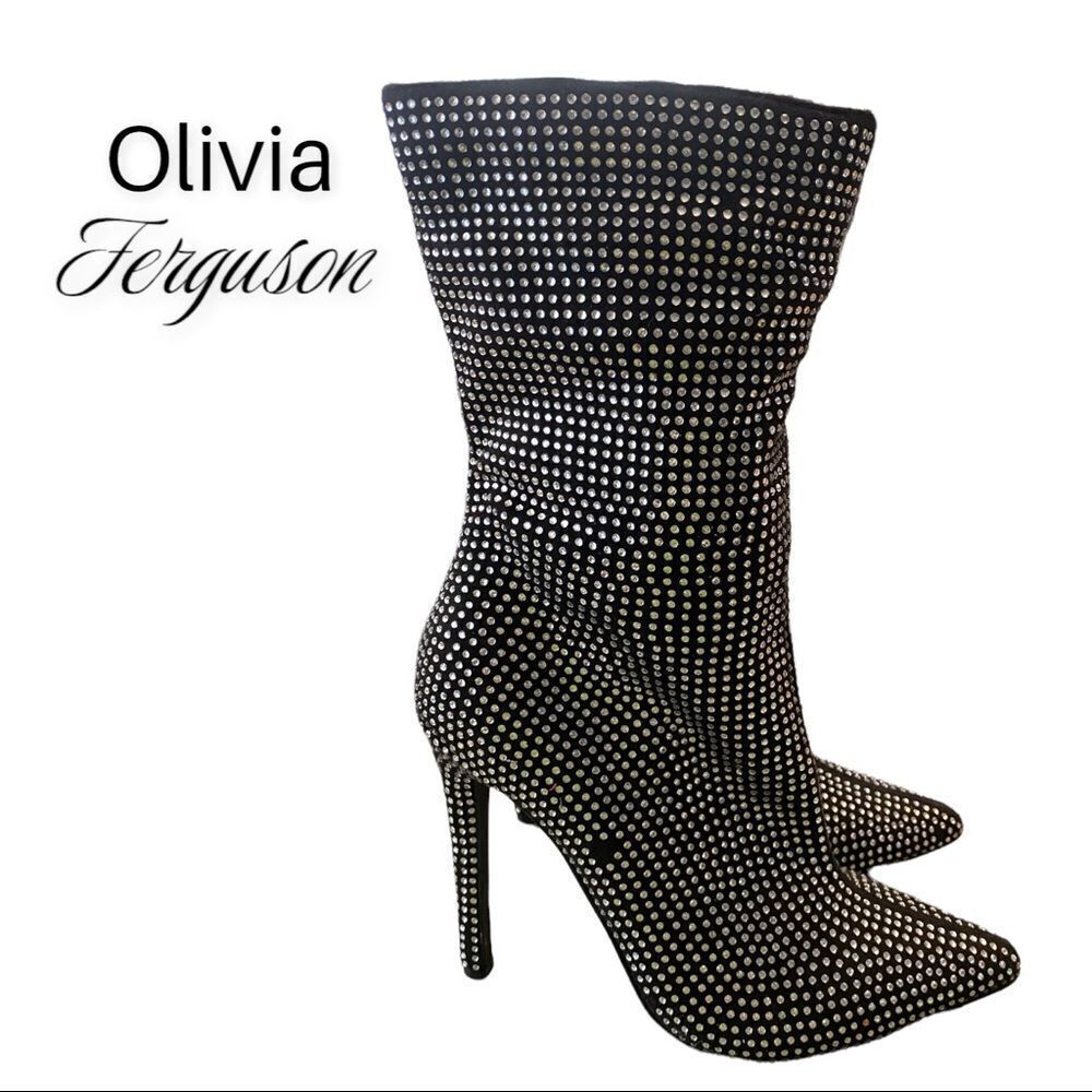 Olivia Ferguson Black Rhinestone Covered Heeled Ankle Boots 5.5